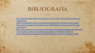 BIBLIOGRAFÍA
http://quiromasajespedemonte.blogspot.mx/2013/02/4-efectos-fisiologicos-del-
masaje.html
https://es.slideshare.net/CarolinadeBanderas/efectos-fisiologicos-del-masaje
http://neurocirugiajaveriana.blogspot.mx/2006/02/teoria-de-la-compuerta-gate-
control.html
http://www.elsevier.es/es-revista-revista-iberoamericana-fisioterapia-kinesiologia-
176-articulo-contribucion-al-estudio-los-efectos-S113860451200007X
http://masajeamano.blogspot.mx/2009/07/efectos-sobre-la-musculatura.html
 