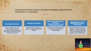 FRICCIONES O ROCES
•tienen un efecto muy leve
efecto sobre la masa
muscular. Sirven básicamente
para actuar a nivel de la piel y
el sistema nervioso.
PRESIÓN MANTENIDA
•parece liberar endorfinas y
ejerce un efecto básicamente
sedante.
PRESIONES PROFUNDAS Y
RÁPIDAS
PERPENDICULARES A LAS
FIBRAS MUSCULARES
•actúan como estimulantes del
músculo aumentando su
contractilidad.
AMASAMIENTO LENTO,
PRESIONES SUAVES Y
PROFUNDAS
•siguiendo la dirección de las
fibras musculares, facilita la
relajación, pero también actúa
como una gimnasia pasiva
(oxigena, nutre, desintoxica...)
Variaciones del efecto sobre la musculatura esquelética según el tipo de
manipulación y su intensidad:
 