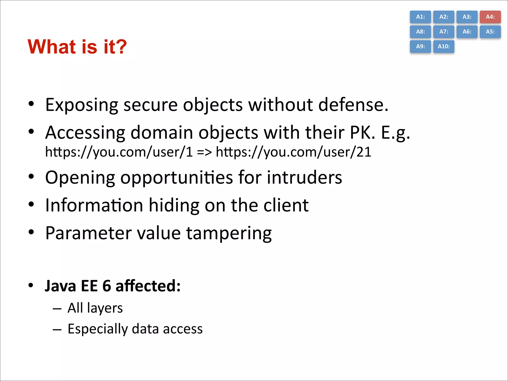 A1:	
  

• Exposing	
  secure	
  objects	
  without	
  defense.	
  
• Accessing	
  domain	
  objects	
  with	
  their	
  PK.	
  E.g. 
hGps://you.com/user/1	
  =>	
  hGps://you.com/user/21	
  
• Opening	
  opportuniCes	
  for	
  intruders	
  
• InformaCon	
  hiding	
  on	
  the	
  client	
  
• Parameter	
  value	
  tampering	
  
!
• Java	
  EE	
  6	
  aﬀected:	
  
– All	
  layers	
  
– Especially	
  data	
  access

A3:	
  

A4:	
  

A8:	
  

What is it?

A2:	
  
A7:	
  

A6:	
  

A5:	
  

A9:	
  

A10:	
  

 