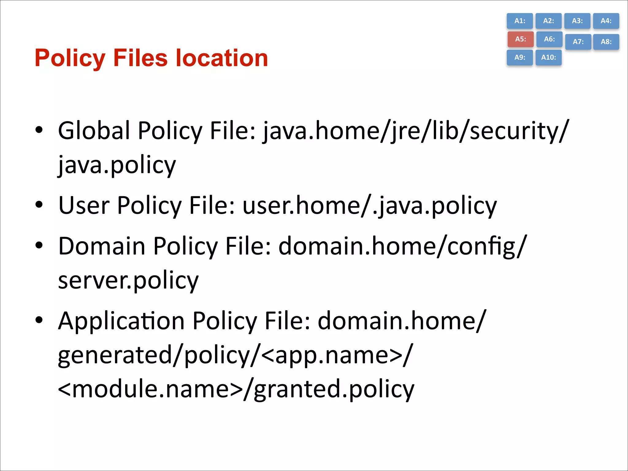 A1:	
  

A3:	
  

A4:	
  

A5:	
  

Policy Files location

A2:	
  
A6:	
  

A7:	
  

A8:	
  

A9:	
  

A10:	
  

• Global	
  Policy	
  File:	
  java.home/jre/lib/security/
java.policy	
  
• User	
  Policy	
  File:	
  user.home/.java.policy	
  
• Domain	
  Policy	
  File:	
  domain.home/conﬁg/
server.policy	
  	
  	
  	
  
• ApplicaCon	
  Policy	
  File:	
  domain.home/
generated/policy/<app.name>/
<module.name>/granted.policy	
  

 