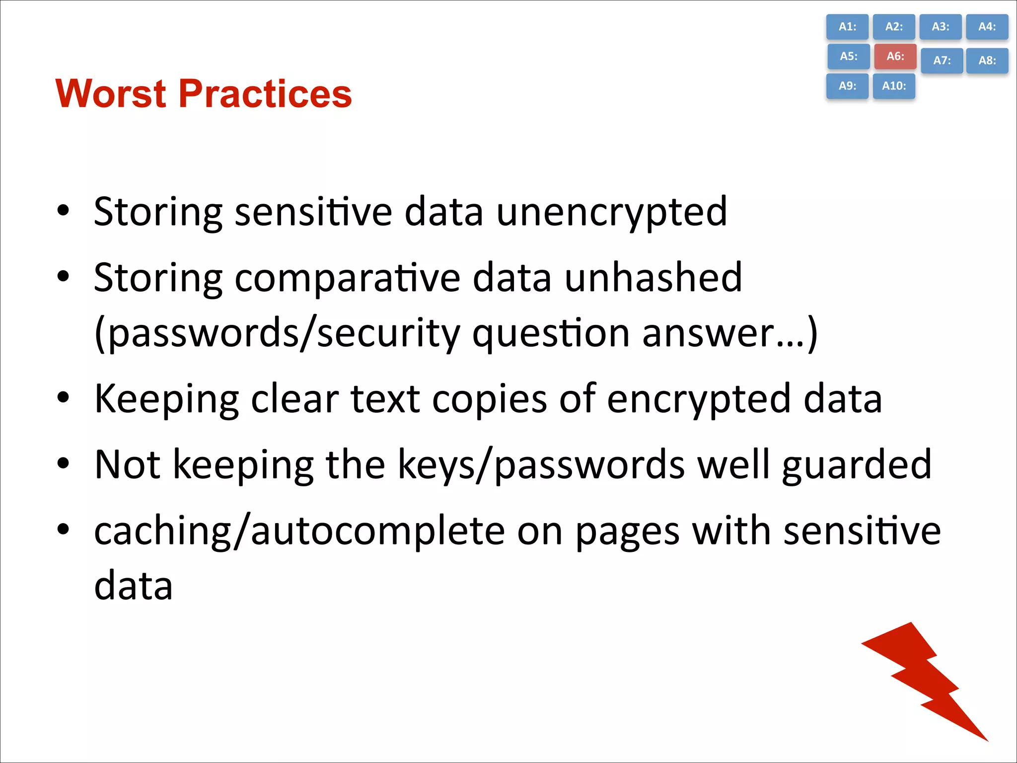 A1:	
  

A3:	
  

A4:	
  

A5:	
  

Worst Practices

A2:	
  
A6:	
  

A7:	
  

A8:	
  

A9:	
  

A10:	
  

• Storing	
  sensiCve	
  data	
  unencrypted	
  
• Storing	
  comparaCve	
  data	
  unhashed	
  
(passwords/security	
  quesCon	
  answer…)	
  
• Keeping	
  clear	
  text	
  copies	
  of	
  encrypted	
  data	
  
• Not	
  keeping	
  the	
  keys/passwords	
  well	
  guarded	
  
• caching/autocomplete	
  on	
  pages	
  with	
  sensiCve	
  
data

 