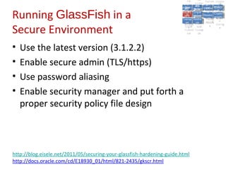 A2:
                                                                                      A2:
                                                                            A5:
                                                                              A5: Cross- Authen Insecu
                                                                                             Authen Insecu
                                                                          Cross Cross-tication A8:
                                                                           A1:
                                                                            Cross Site
                                                                              A1:            tication re
                                                                                              A7:       A8:
                                                                                                         re
                                                                                    A6:
                                                                                      A6:
                                                                                      Site and  A7:
                                                                        Injectio A10: Failure Insecu
                                                                           Site
                                                                              Site Scripti            Insecu
                                                                                                     Direct
                                                                          InjectioSecurit Failure Direct
                                                                                                and


Running GlassFish in a
                                                                           A9:A9:    A10:
                                                                         Reque Securit Sessio Object
                                                                                    Scripti            rere
                                                                        Insuffic Unvali Sessio Object
                                                                             nn
                                                                           Reque ng
                                                                          Insuffic Unvali toto Crypto
                                                                                      yy
                                                                                       ng
                                                                             stst                     Crypto
                                                                                            Restric Refere
                                                                                               nn     Refere
                                                                           ient Miscon Restric
                                                                                   dated
                                                                             ient (XSS)
                                                                                     dated
                                                                         Forger Miscon tManag graphi
                                                                                    (XSS)             graphi
                                                                        Transp Redire Manag nces
                                                                           Forger
                                                                                    Redire t URL nces
                                                                           Transp figurati URL
                                                                                    figuratiement       cc
                                                                              yy              ement
                                                                            ort
                                                                              ort     cts Acces Storag
                                                                                    cts
                                                                                     on       Acces


Secure Environment
                                                                         (CSRF         on             Storag
                                                                           (CSRF and
                                                                          Layer                 ss
                                                                            Layer
                                                                             ))       and               ee
                                                                        Protect Forwar
                                                                           Protect Forwar
                                                                            ion
                                                                              ion    dsds




•   Use the latest version (3.1.2.2)
•   Enable secure admin (TLS/https)
•   Use password aliasing
•   Enable security manager and put forth a
    proper security policy file design



http://blog.eisele.net/2011/05/securing-your-glassfish-hardening-guide.html
http://docs.oracle.com/cd/E18930_01/html/821-2435/gkscr.html
 