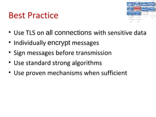 A5:
                                                 A5: Cross- Authen Insecu
                                                                Authen Insecu
                                             Cross Cross-tication A8:
                                              A1:
                                               Cross Site
                                                 A1:            tication re
                                                                 A7:       A8:
                                                                            re
                                                       A6:
                                                         A6:
                                                         Site       A7:
                                           Injectio A10: Failure Insecu
                                              Site
                                              A9:Site Securit and  and   Insecu
                                                                        Direct
                                             Injectio Scripti Failure Direct
                                                 A9:    A10:
                                            Reque Securit Sessio Object
                                                       Scripti            rere
                                           Insuffic Unvali Sessio Object
                                                nn
                                              Reque ng
                                             Insuffic Unvali toto Crypto
                                                         yy
                                                          ng
                                                stst                     Crypto
                                              ient Miscon Restric Refere
                                                      dated        nn    Refere
                                                       (XSS) Restric graphi
                                                ient (XSS)
                                                        dated


Best Practice
                                            Forger Miscon tManag graphi
                                           Transp Redire Manag nces
                                              Forger figurati URL
                                              Transp Redire       t URL nces
                                                       figuratiement       cc
                                                 y
                                               orty
                                                 ort    onon
                                                                 ement
                                                         cts Acces Storag
                                                       cts       Acces
                                            (CSRF
                                              (CSRF and            ss    Storag
                                             Layer
                                               Layer     and               ee
                                                ))
                                           Protect Forwar
                                              Protect Forwar
                                               ion
                                                 ion    dsds




•   Use TLS on all connections with sensitive data
•   Individually encrypt messages
•   Sign messages before transmission
•   Use standard strong algorithms
•   Use proven mechanisms when sufficient
 