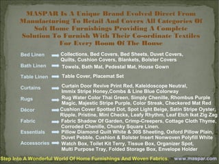 MASPAR Is A Unique Brand Evolved Direct From
Manufacturing To Retail And Covers All Categories Of
Soft Home Furnishings Providing A Complete
Solution To Furnish With Their Co-ordinate Textiles
For Every Room Of The House
Bath Linen

Collections, Bed Covers, Bed Sheets, Duvet Covers,
Quilts, Cushion Covers, Blankets, Bolster Covers
Towels, Bath Mat, Pedestal Mat, House Gown

Table Linen

Table Cover, Placemat Set

Bed Linen

Curtains
Rugs
Décor
Fabric
Essentials
Accessories

Curtain Door Revive Print Red, Kaleidoscope Neutral,
Immix Stripe Honey,Combs & Line Blue Colorway
Rug Water Color Thai Green, Simply Chenille, Rhombus Purple
Magic, Majestic Stripe Purple, Color Streak, Checkered Mat Red
Cushion Cover Spotted Dot, Spot Light Beige, Satin Stripe Oyster,
Ripple, Pristine, Mini Checks, Leafy Rhythm, Leaf Etch Ikat Zig Zag
Fabric Shadow Of Garden, Crimp-Creepers, Cottage Cloth Thyme,
Corroded Chenille, Chunky Square Linen.
Pillow Diamond Quilt White & 30S Sheeting, Oxford Pillow Plain,
Duvet Pebble, Cushion & Bolster Insert Nonwoven Polyfill White
Watch Box, Toilet Kit Terry, Tissue Box, Organizer Spot,
Multi Purpose Tray, Folded Storage Box, Envelope Holder

Step Into A Wonderful World Of Home Furnishings And Woven Fabrics.

www.maspar.com

 