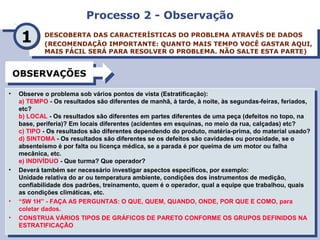 Processo 2 - ObservaçãoProcesso 2 - Observação
DESCOBERTA DAS CARACTERÍSTICAS DO PROBLEMA ATRAVÉS DE DADOS
(RECOMENDAÇÃO IMPORTANTE: QUANTO MAIS TEMPO VOCÊ GASTAR AQUI,
MAIS FÁCIL SERÁ PARA RESOLVER O PROBLEMA. NÃO SALTE ESTA PARTE)
DESCOBERTA DAS CARACTERÍSTICAS DO PROBLEMA ATRAVÉS DE DADOS
(RECOMENDAÇÃO IMPORTANTE: QUANTO MAIS TEMPO VOCÊ GASTAR AQUI,
MAIS FÁCIL SERÁ PARA RESOLVER O PROBLEMA. NÃO SALTE ESTA PARTE)
• Observe o problema sob vários pontos de vista (Estratificação):
a) TEMPO - Os resultados são diferentes de manhã, à tarde, à noite, às segundas-feiras, feriados,
etc?
b) LOCAL - Os resultados são diferentes em partes diferentes de uma peça (defeitos no topo, na
base, periferia)? Em locais diferentes (acidentes em esquinas, no meio da rua, calçadas) etc?
c) TIPO - Os resultados são diferentes dependendo do produto, matéria-prima, do material usado?
d) SINTOMA - Os resultados são diferentes se os defeitos são cavidades ou porosidade, se o
absenteísmo é por falta ou licença médica, se a parada é por queima de um motor ou falha
mecânica, etc.
e) INDIVÍDUO - Que turma? Que operador?
• Deverá também ser necessário investigar aspectos específicos, por exemplo:
Unidade relativa do ar ou temperatura ambiente, condições dos instrumentos de medição,
confiabilidade dos padrões, treinamento, quem é o operador, qual a equipe que trabalhou, quais
as condições climáticas, etc.
• “5W 1H” - FAÇA AS PERGUNTAS: O QUE, QUEM, QUANDO, ONDE, POR QUE E COMO, para
coletar dados.
• CONSTRUA VÁRIOS TIPOS DE GRÁFICOS DE PARETO CONFORME OS GRUPOS DEFINIDOS NA
ESTRATIFICAÇÃO
• Observe o problema sob vários pontos de vista (Estratificação):
a) TEMPO - Os resultados são diferentes de manhã, à tarde, à noite, às segundas-feiras, feriados,
etc?
b) LOCAL - Os resultados são diferentes em partes diferentes de uma peça (defeitos no topo, na
base, periferia)? Em locais diferentes (acidentes em esquinas, no meio da rua, calçadas) etc?
c) TIPO - Os resultados são diferentes dependendo do produto, matéria-prima, do material usado?
d) SINTOMA - Os resultados são diferentes se os defeitos são cavidades ou porosidade, se o
absenteísmo é por falta ou licença médica, se a parada é por queima de um motor ou falha
mecânica, etc.
e) INDIVÍDUO - Que turma? Que operador?
• Deverá também ser necessário investigar aspectos específicos, por exemplo:
Unidade relativa do ar ou temperatura ambiente, condições dos instrumentos de medição,
confiabilidade dos padrões, treinamento, quem é o operador, qual a equipe que trabalhou, quais
as condições climáticas, etc.
• “5W 1H” - FAÇA AS PERGUNTAS: O QUE, QUEM, QUANDO, ONDE, POR QUE E COMO, para
coletar dados.
• CONSTRUA VÁRIOS TIPOS DE GRÁFICOS DE PARETO CONFORME OS GRUPOS DEFINIDOS NA
ESTRATIFICAÇÃO
11
OBSERVAÇÕESOBSERVAÇÕES
 