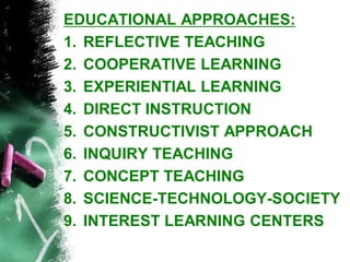 EDUCATIONAL APPROACHES: 
1.REFLECTIVE TEACHING 
2.COOPERATIVE LEARNING 
3.EXPERIENTIAL LEARNING 
4.DIRECT INSTRUCTION 
5.CONSTRUCTIVIST APPROACH 
6.INQUIRY TEACHING 
7.CONCEPT TEACHING 
8.SCIENCE-TECHNOLOGY-SOCIETY 
9.INTEREST LEARNING CENTERS  