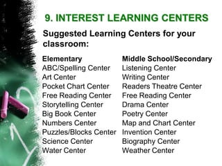 9. INTEREST LEARNING CENTERSSuggested Learning Centers for your classroom: 
Elementary 
Middle School/Secondary 
ABC/Spelling Center 
Listening Center 
Art Center 
Writing Center 
Pocket Chart Center 
Readers Theatre Center 
Free Reading Center 
Free Reading Center 
Storytelling Center 
Drama Center 
Big Book Center 
Poetry Center 
Numbers Center 
Map and Chart Center 
Puzzles/Blocks Center 
Invention Center 
Science Center 
Biography Center 
Water Center 
Weather Center  