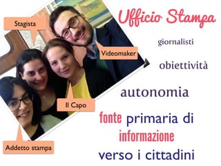 Ufficio Stampa
giornalisti
fonte primaria di
informazione 	

verso i cittadini
obiettività
autonomia
Addetto stampa
Stagista
Il Capo
Videomaker
 