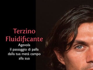 Terzino
Fluidiﬁcante
Agevola 	

il passaggio di palla
dalla tua metà campo
alla sua
 