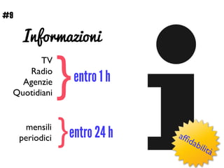 Informazioni
TV	

Radio	

Agenzie	

Quotidiani
}entro 1 h
mensili	

periodici }entro 24 h
#9
afﬁdabilità
 