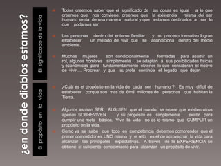    Todos creemos saber que el significado de las cosas es igual a lo que
                                creemos que nos conviene, creemos que la existencia      misma del ser




El significado de la vida
                                humano se da de una manera natural y que estamos destinados a ser lo
                                que podamos ser.

                               Las personas dentro del entorno familiar    y su proceso formativo logran
                                establecer  un método de vivir que se       acondiciona dentro del medio
                                ambiente.

                               Muchas mujeres       son condicionalmente   formadas para asumir un
                                rol, algunos hombres simplemente se adaptan a sus posibilidades físicas
                                y económicas para fundamentalmente obtener lo que consideran el motivo
                                de vivir…. Procrear y que su prole continúe el legado que dejan


                               ¿Cuál es el propósito en la vida de cada ser humano ? Es muy difícil de
El propósito en la vida




                                establecer porque son mas de 6mil millones de personas que habitan la
                                Tierra.

                               Algunos aspiran SER ALGUIEN que el mundo se entere que existen otros
                                apenas SOBREVIVEN           y su propósito es simplemente      existir para
                                cumplir una meta básica. Vivir la vida no es lo mismo que CUMPLIR un
                                propósito en la vida.
                               Como ya se sabe que todo es competencia debemos comprender que el
                                primer competidor es UNO mismo y el reto es el de aprovechar la vida para
                                alcanzar las principales expectativas. A través de la EXPERIENCIA se
                                obtiene el suficiente conocimiento para alcanzar un propósito de vivir.
 
