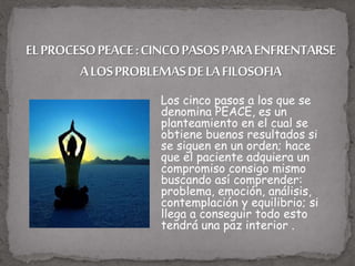 Los cinco pasos a los que se
denomina PEACE, es un
planteamiento en el cual se
obtiene buenos resultados si
se siguen en un orden; hace
que el paciente adquiera un
compromiso consigo mismo
buscando así comprender:
problema, emoción, análisis,
contemplación y equilibrio; si
llega a conseguir todo esto
tendrá una paz interior .
 