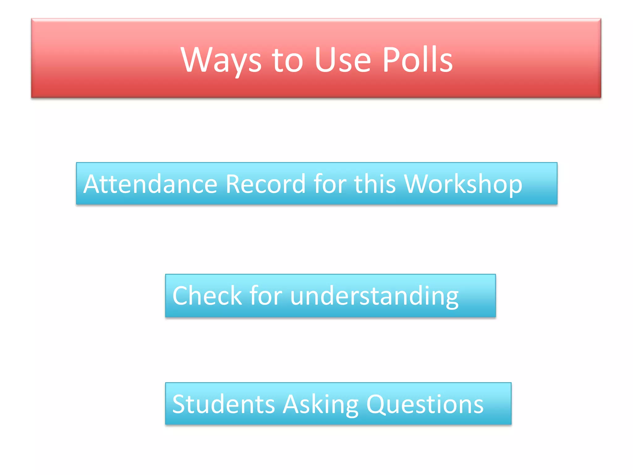 Ways to Use PollsAttendance Record for this WorkshopCheck for understandingStudents Asking Questions