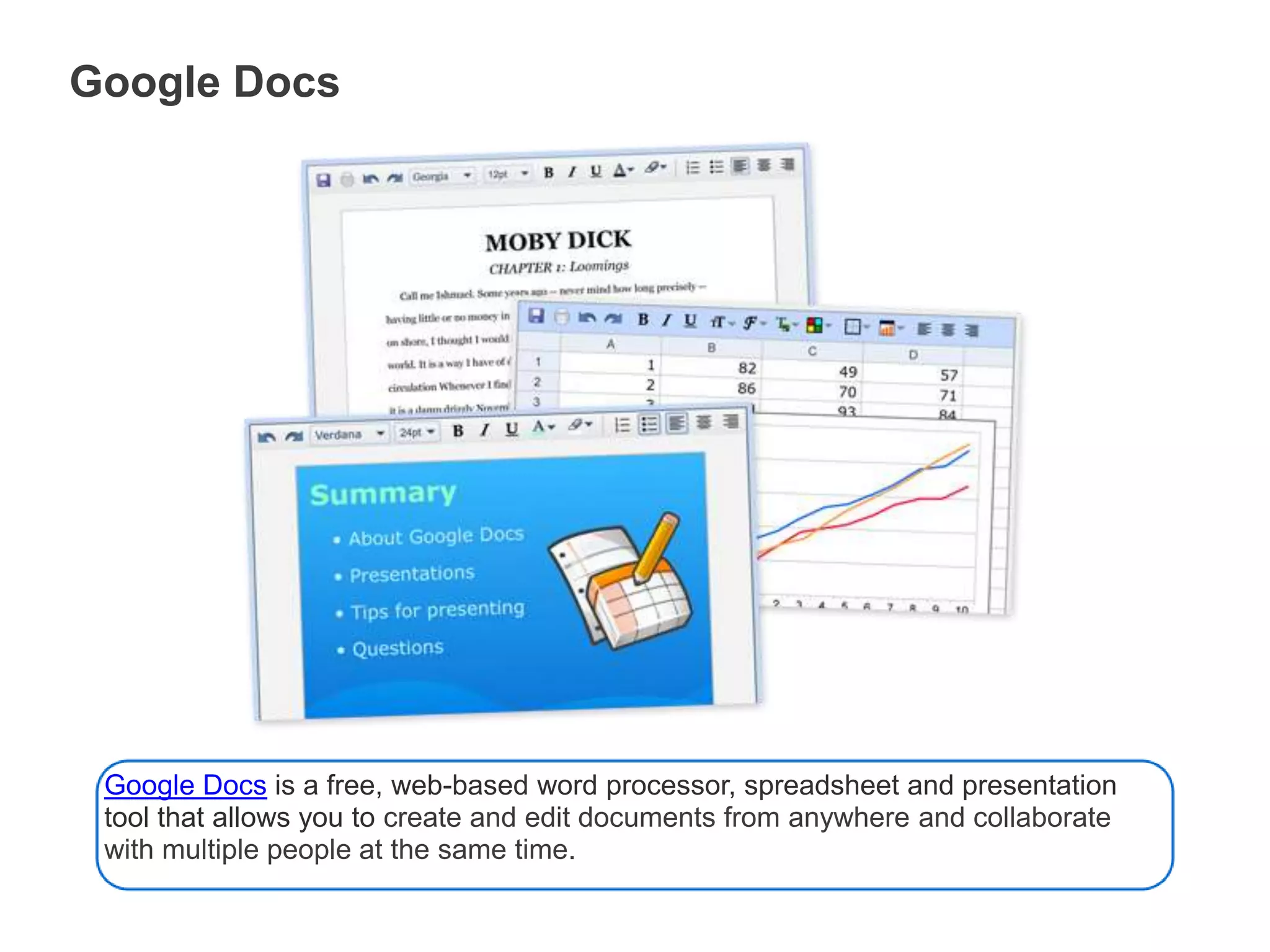 Google DocsGoogle Docs is a free, web-based word processor, spreadsheet and presentation tool that allows you to create and edit documents from anywhere and collaborate with multiple people at the same time.
