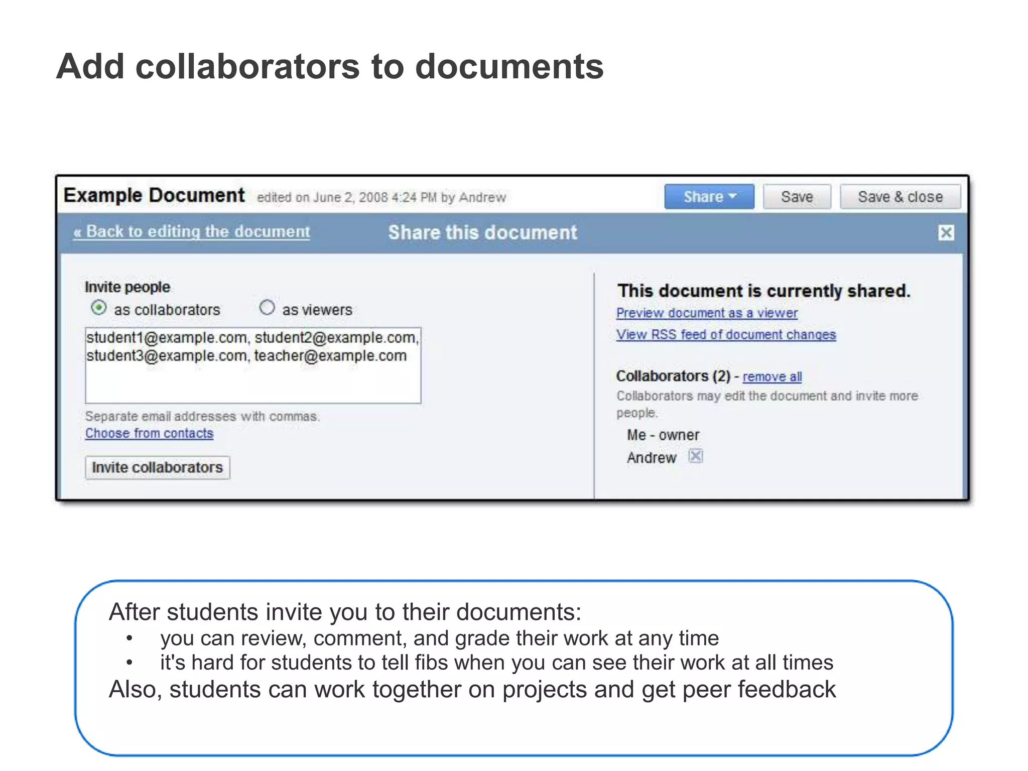 it's hard for students to tell fibs when you can see their work at all timesAlso, students can work together on projects and get peer feedback