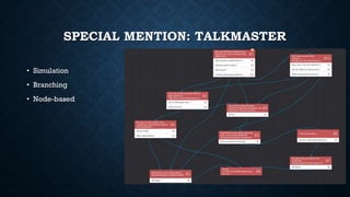 SPECIAL MENTION: TALKMASTER
• Simulation
• Branching
• Node-based
 