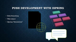 PUSH DEVELOPMENT WITH ISPRING
• Slide Branching
• Web object
• iSpring “Simulations”
 