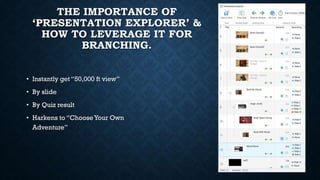 THE IMPORTANCE OF
‘PRESENTATION EXPLORER’ &
HOW TO LEVERAGE IT FOR
BRANCHING.
• Instantly get “50,000 ft view”
• By slide
• By Quiz result
• Harkens to “ChooseYour Own
Adventure”
 