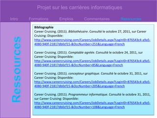 Projet sur les carrières informatiques
Intro Formations Emplois Commentaires Ressources
Bibliographie
Career Cruising. (2011). Bibliothécaire. Consulté le octobre 27, 2011, sur Career
Cruising: Disponible:
http://www.careercruising.com/Careers/JobDetails.aspx?LoginID=876543c4-a9a5-
4080-940f-21817db0cf15-&OccNumber=251&Language=French
Career Cruising. (2011). Comptable agréée. Consulté le octobre 24, 2011, sur
Career Cruising: Disponible:
http://www.careercruising.com/Careers/JobDetails.aspx?LoginID=876543c4-a9a5-
4080-940f-21817db0cf15-&OccNumber=85&Language=French
Career Cruising. (2011). concepteur graphique. Consulté le octobre 31, 2011, sur
Career Cruising: Disponible:
http://www.careercruising.com/Careers/JobDetails.aspx?LoginID=876543c4-a9a5-
4080-940f-21817db0cf15-&OccNumber=205&Language=French
Career Cruising. (2011). Programmeur informatique. Consulté le octobre 31, 2011,
sur Career Cruising: Disponible:
http://www.careercruising.com/Careers/JobDetails.aspx?LoginID=876543c4-a9a5-
4080-940f-21817db0cf15-&OccNumber=108&Language=French
 