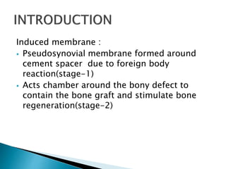 Induced membrane :
 Pseudosynovial membrane formed around
cement spacer due to foreign body
reaction(stage-1)
 Acts chamber around the bony defect to
contain the bone graft and stimulate bone
regeneration(stage-2)
 