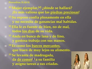  Proverbios 31:10-31 
 10 Mujer ejemplar,[d] ¿dónde se hallará? 
¡Es más valiosa que las piedras preciosas! 
 11 Su esposo confía plenamente en ella 
y no necesita de ganancias mal habidas. 
 12 Ella le es fuente de bien, no de mal, 
todos los días de su vida. 
 13 Anda en busca de lana y de lino, 
y gustosa trabaja con sus manos. 
 14 Es como los barcos mercantes, 
que traen de muy lejos su alimento. 
 15 Se levanta de madrugada, 
da de comer[e] a su familia 
y asigna tareas a sus criadas. 
 
