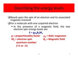 Describing the energy levels
Based upon the spin of an electron and its associated
magnetic moment
For a molecule with one unpaired electron
 In the presence of a magnetic field, the two
electron spin energy levels areelectron spin energy levels are
E = gBB0MS
g = proportionality factor B = Bohr magneton
MS = electron spin B0 = Magnetic field
quantum number
(+½ or -½)
12EPR
 