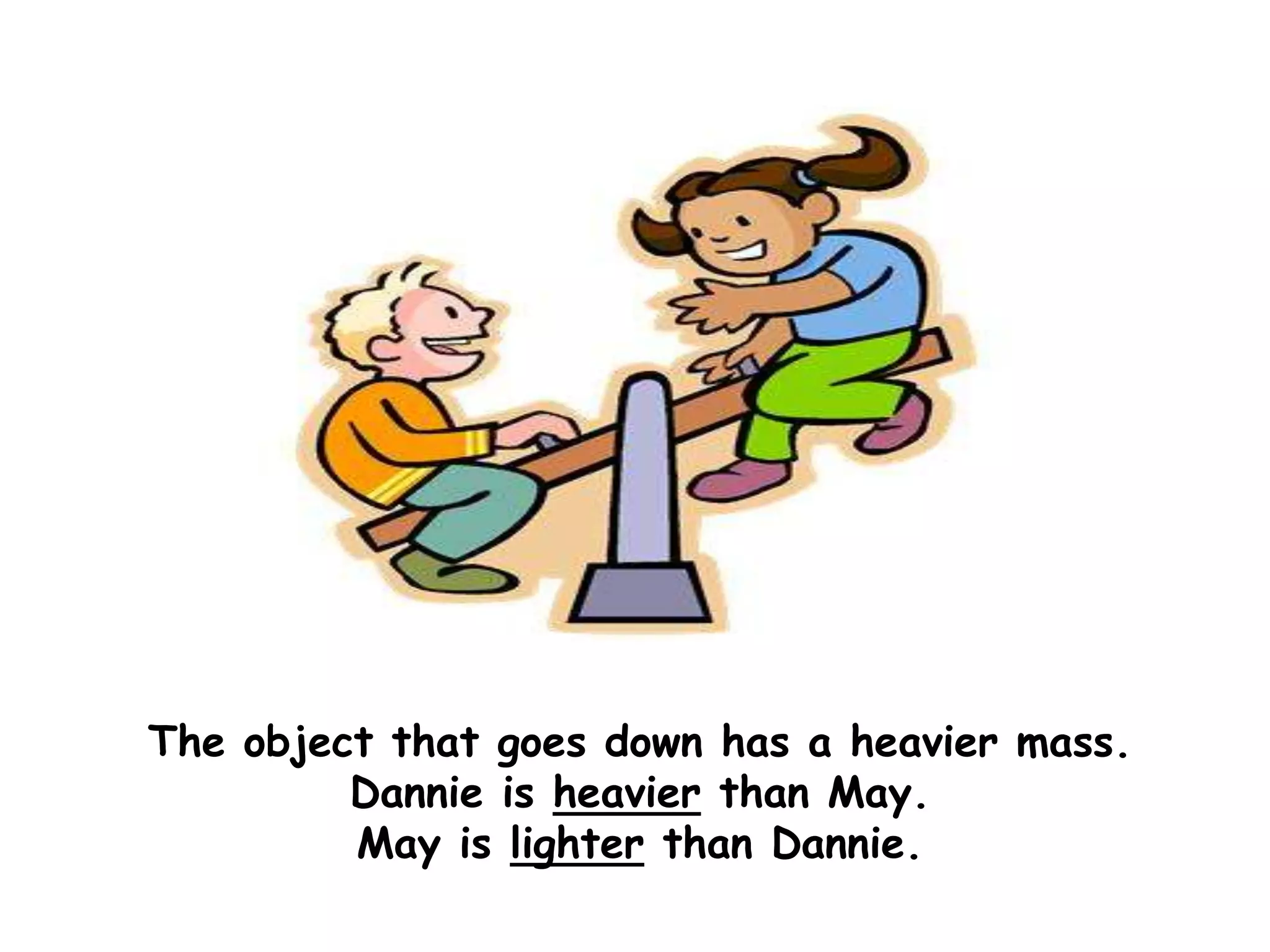 The object that goes down has a heavier mass.
         Dannie is heavier than May.
         May is lighter than Dannie.
 