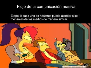 Flujo de la comunicación masiva Etapa 1: cada uno de nosotros puede atender a los mensajes de los medios de manera similar. 