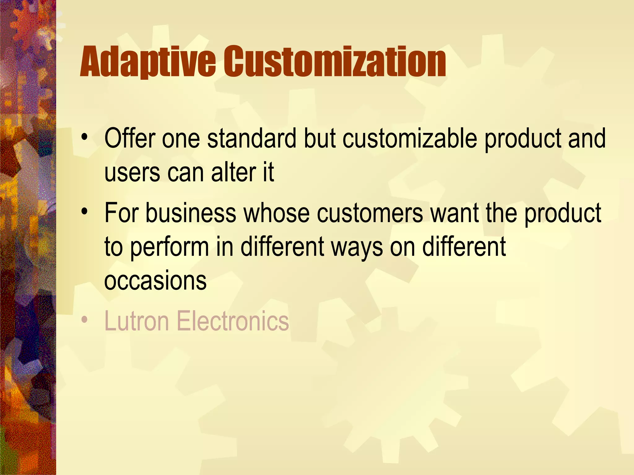 Adaptive Customization Offer one standard but customizable product and users can alter it For business whose customers want the product to perform in different ways on different occasions Lutron  Electronics 