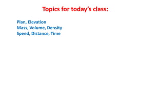 Topics for today’s class:
Plan, Elevation
Mass, Volume, Density
Speed, Distance, Time
 
