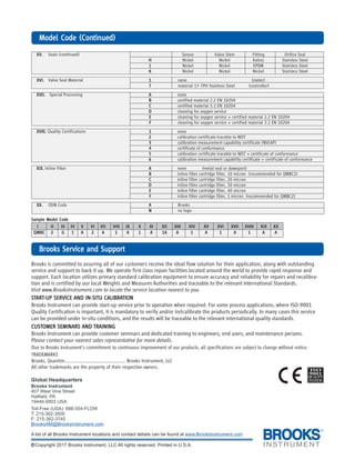 14
XV.XV.XV.XV.XV. Seals (continued) Sensor Valve Stem Fitting Orifice Seal
HHHHH Nickel Nickel Kalrez Stainless Steel
JJJJJ Nickel Nickel EPDM Stainless Steel
KKKKK Nickel Nickel Nickel Stainless Steel
XVI.XVI.XVI.XVI.XVI. Valve Seat Material 11111 none (meter)
77777 material 17-7PH Stainless Steel (controller)
XVII.XVII.XVII.XVII.XVII. Special Processing AAAAA none
BBBBB certified material 2.2 EN 10204
CCCCC certified material 3.1 EN 10204
DDDDD cleaning for oxygen service
EEEEE cleaning for oxygen service + certified material 2.2 EN 10204
FFFFF cleaning for oxygen service + certified material 3.1 EN 10204
XVIII.XVIII.XVIII.XVIII.XVIII. Quality Certifications 11111 none
22222 calibration certificate traceble to NIST
33333 calibration measurement capability certificate (NVLAP)
44444 certificate of conformance
55555 calibration certificate traceble to NIST + certificate of conformance
66666 calibration measurement capability certificate + certificate of conformance
XIX.XIX.XIX.XIX.XIX. Inline Filter AAAAA none (metal seal or downport)
BBBBB inline filter cartridge filter, 10 micron (recommended for QMBC2)
CCCCC inline filter cartridge filter, 20 micron
DDDDD inline filter cartridge filter, 30 micron
EEEEE inline filter cartridge filter, 40 micron
FFFFF inline filter cartridge filter, 1 micron (recommended for QMBC2)
XX.XX.XX.XX.XX. OEM Code AAAAA Brooks
NNNNN no logo
Model Code (ConModel Code (ConModel Code (ConModel Code (ConModel Code (Continued)tinued)tinued)tinued)tinued)
Sample Model CodeSample Model CodeSample Model CodeSample Model CodeSample Model Code
IIIII IIIIIIIIII IIIIIIIIIIIIIII IVIVIVIVIV VVVVV VIVIVIVIVI VIIVIIVIIVIIVII VIIIVIIIVIIIVIIIVIII IXIXIXIXIX XXXXX XIXIXIXIXI XIIXIIXIIXIIXII XIIIXIIIXIIIXIIIXIII XIVXIVXIVXIVXIV XVXVXVXVXV XVIXVIXVIXVIXVI XVIIXVIIXVIIXVIIXVII XVIIIXVIIIXVIIIXVIIIXVIII XIXXIXXIXXIXXIX XXXXXXXXXX
QMBCQMBCQMBCQMBCQMBC 22222 GGGGG 11111 AAAAA 22222 AAAAA 11111 AAAAA 11111 AAAAA 1A1A1A1A1A AAAAA 11111 AAAAA 11111 AAAAA 11111 AAAAA AAAAA
BrBrBrBrBrooks Service and Supportooks Service and Supportooks Service and Supportooks Service and Supportooks Service and Support
Brooks is committed to assuring all of our customers receive the ideal flow solution for their application, along with outstanding
service and support to back it up. We operate first class repair facilities located around the world to provide rapid response and
support. Each location utilizes primary standard calibration equipment to ensure accuracy and reliability for repairs and recalibra-
tion and is certified by our local Weights and Measures Authorities and traceable to the relevant International Standards.
Visit www.BrooksInstrument.com to locate the service location nearest to you.
STSTSTSTSTARARARARARTTTTT-UP SERVICE-UP SERVICE-UP SERVICE-UP SERVICE-UP SERVICE AND IN-SITU CALIBRAAND IN-SITU CALIBRAAND IN-SITU CALIBRAAND IN-SITU CALIBRAAND IN-SITU CALIBRATIONTIONTIONTIONTION
Brooks Instrument can provide start-up service prior to operation when required. For some process applications, where ISO-9001
Quality Certification is important, it is mandatory to verify and/or (re)calibrate the products periodically. In many cases this service
can be provided under in-situ conditions, and the results will be traceable to the relevant international quality standards.
CUSTCUSTCUSTCUSTCUSTOMER SEMINARSOMER SEMINARSOMER SEMINARSOMER SEMINARSOMER SEMINARS ANDANDANDANDAND TRAININGTRAININGTRAININGTRAININGTRAINING
Brooks Instrument can provide customer seminars and dedicated training to engineers, end users, and maintenance persons.
Please contact your nearest sales representative for more details.
Due to Brooks Instrument's commitment to continuous improvement of our products, all specifications are subject to change without notice.
TRADEMARKS
Brooks, Quantim.............................................. Brooks Instrument, LLC
All other trademarks are the property of their respective owners.
 