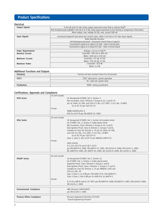 8
PrPrPrPrProduct Specificationsoduct Specificationsoduct Specificationsoduct Specificationsoduct Specifications
Additional Functions and OutputsAdditional Functions and OutputsAdditional Functions and OutputsAdditional Functions and OutputsAdditional Functions and Outputs
Damping:Damping:Damping:Damping:Damping: Factory set time constant from 0 to 10 seconds
LED’s:LED’s:LED’s:LED’s:LED’s: ‘STAT’ solid green: system operative
‘AL’ solid red: system fault
Pushbutton:Pushbutton:Pushbutton:Pushbutton:Pushbutton: ‘ZERO’ setting pushbutton
ElectricalElectricalElectricalElectricalElectrical
Output Signals:Output Signals:Output Signals:Output Signals:Output Signals: 4-20 mA and 0-5 Vdc active output represents mass flow or volume flow(3)(3)(3)(3)(3)
And simultaneously available 4-20 mA or 0-5 Vdc active ouput represents on-line density or temperature information
Alarm output, max. voltage 30 Vdc, max. current 100 mA
Input Signals:Input Signals:Input Signals:Input Signals:Input Signals: Command (setpoint) that drives the control valve, either 4-20 mA or 0-5 Vdc input signals
Valve Override Function:
Left floating/unconnected - instrument controls flow at setpoint
Connected to signal at or above 5.0 volts - valve is forced open
Connected to signal at or below 0.0 volts - valve is forced closed
Power Requirements:Power Requirements:Power Requirements:Power Requirements:Power Requirements: Voltage: +14 to 27 Vdc(12)(12)(12)(12)(12)
Nominal Current:Nominal Current:Nominal Current:Nominal Current:Nominal Current: Controller: 300 mA to 400 mA
Meter: 100 mA to 150 mA
Maximum Current:Maximum Current:Maximum Current:Maximum Current:Maximum Current: Controller: 715 @ 14 Vdc
Meter: 470 mA @ 14 Vdc
Maximum Power:Maximum Power:Maximum Power:Maximum Power:Maximum Power: Controller: 10.0 W
Meter: 6.6 W
Certifications, Approvals and ComplianceCertifications, Approvals and ComplianceCertifications, Approvals and ComplianceCertifications, Approvals and ComplianceCertifications, Approvals and Compliance
US and Canada
IP40 Series:IP40 Series:IP40 Series:IP40 Series:IP40 Series: UL Recognized E73889, Vol 3, Section 3.
Non Incendive, Class I Division 2 Groups A, B, C and D; T4
per UL 1604, UL 508, and CSA 22.2 No. 213 1987; C-22.2 No. 14-M91
Ex nC IIC T4 per CSA E79-15
Europe
KEMA 04ATEX1241 X
II3G Ex nA II T4 per EN 60070-15: 2003
US and Canada
IP66 Series:IP66 Series:IP66 Series:IP66 Series:IP66 Series: UL Recognized E73889, Vol 1, Section 26 (conduit entry)
UL E73889, Vol. 3, Section 3 (cable gland entry)
Non Incendive, Class I Division 2 Groups A, B, C and D;
Dust Ignition-Proof, Class II, Division 2, Groups F and G;
Suitable for Class III, Division 2, T4 per UL 1604, UL 508,
and CSA 22.2 No. 213 1987; C-22.2 No. 14-M91
Ex nC IIC T4 per CSA E79-15
Class 1, Zone 2, AEx nC IIC T4 per ANSI/UL 60079-15
Europe
ATEX 4 IECEx
II 3 G Ex nA II T4 and II 3D T 135O
C
per EN 60079-0: 2006, EN 60079-15: 2005, EN 61241-0: 2006, EN 61241-1: 2004,
IEC 60079-0: 2004, IEC 60079-15: 2005, IEC 61241-0: 2004, IEC 61241-1: 2004
US and Canada
IP66XP Series:IP66XP Series:IP66XP Series:IP66XP Series:IP66XP Series: UL Recognized E73889, Vol 1, Section 21.
UL E73889, Vol. 3, Section 3 (cable gland entry)
Explosion-Proof, Class I Division 1 Groups C and D;
Dust Ignition-Proof, Class I, Division 1, Groups E, F and G;
Suitable for Class III, Division 1, T4 per ANSI/UL 1203 and
CSA 22.2 No. 30
Class 1 Zone 1, ex d IIB per CSA E600 79-0, CSA E60079-1
Class 1 Zone 1, AEx d IIB per UL 60079-0, UL 60079-1
Europe
II 2 G Ex d IIB T6 and II 2 D T 85O
C per EN 60079-0: 2006, EN 60079-1: 2007, EN 61241-0: 2006,
EN 61241-1: 2004
Environmental ComplianceEnvironmental ComplianceEnvironmental ComplianceEnvironmental ComplianceEnvironmental Compliance EMC Directive 2004/108/EC
per EN 61326-1: 2006
Pressure Effects CompliancePressure Effects CompliancePressure Effects CompliancePressure Effects CompliancePressure Effects Compliance Pressure Equipment Directive 97/23/EC
“Sound Engineering Practice”
 