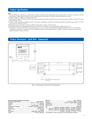 9
NotesNotesNotesNotesNotes
(1)(1)(1)(1)(1)
The nominal flow rate is the flow rate at which water at reference conditions causes approximately 1 bar of pressure drop or the laminar to turbulent transition
flow whichever is lower. Maximum flow rate is twice nominal flow rate or the laminar to turbulent transition flow whichever is lower.
(2)(2)(2)(2)(2)
Standard volumetric conditions are 14.696 psia and 70o
F.
(3)(3)(3)(3)(3)
Actual volumetric flow is a function of the mass flow and the density measurements; therefore the accuracy of actual volumetric flow is a function of the mass
flow and density accuracy.
(4)(4)(4)(4)(4)
Accuracy includes combined repeatability, linearity, and hysteresis. Specifications are based on reference test conditions of water/nitrogen at 68 to 77O
F (20 to
25O
C) and 15 to 30 psig (1 to 2 bar).
(5)(5)(5)(5)(5)
Differential pressures are based on reference conditions of water and air at 68 to 77O
F (20 to 25O
C).
(6)(6)(6)(6)(6)
The density measurement at temperatures other than 21O
C (70O
F) has an additional error of approximately 0.0005 grams/cc per O
C.
(7)(7)(7)(7)(7)
A temperature rise of up to 20O
C (68O
F) from internal heating can occur in an open environment where ambient temperature is 23O
C (73O
F). The device
temperature is affected by the ambient and process temperature as well as warming when the device is powered. The device should be maintained in the
specified temperature range at all times.
PrPrPrPrProduct Specificationsoduct Specificationsoduct Specificationsoduct Specificationsoduct Specifications
Figure 1 Dimensional Drawing QmB IP40 Downported
.742
.003
18.86
.08
3.060 77.72
.594
.003
15.10
.08
4X THRU NEARSIDE ONLY
.213
.205
5.40
5.20
.594
.003
15.10
.08
.594
.003
15.10
.08
.594
.003
15.09
.08
.594
.003
15.09
.08
.750 19.05
.594
.003
15.09
.08
PrPrPrPrProduct Dimensions - QmB IP40 - Downportedoduct Dimensions - QmB IP40 - Downportedoduct Dimensions - QmB IP40 - Downportedoduct Dimensions - QmB IP40 - Downportedoduct Dimensions - QmB IP40 - Downported
Quantim Patent Numbers as follows:
ArgentinaAR026329B1, ............................................. AR021594B1
Australia .................................................. 778137, 771345, 782183
Canada ............................................................................... 2389433
China .......................................................... ZL00817949.2, 171140
Federation of Russia ......................... 2272257, 2263284, 2277227
Germany ........................................................................40004270.3
Hong Kong .................................................................... HK1051720
India ...................................................................................... 199406
Indonesia .................................................... 3660/2006, ID0015789
Japan ................................................................. 1111950, 3904926
Malaysia .................................................................... MY-128330-A
Mexico ..................................................... 242129, 244688, 231280
Singapore ..................................... 122105, 123306, 88632, 81430
South Korea ......................................................................... 678430
Switzerland ........................................................................... 127118
UK ....................................................................................... 2092458
US ................... D436876, 4843890, 4996871, 5231884, 5295084,
........ 5555190, 5687100, 5929344, 6226195, 6476522, 6487507,
........ 6505131, 6505135, 6512987, 6513392, 6526839, 6748813,
.......................................... 6769301, 7032462, 7111519, 7117751
Counterparts in other countries and other patents pending
 
