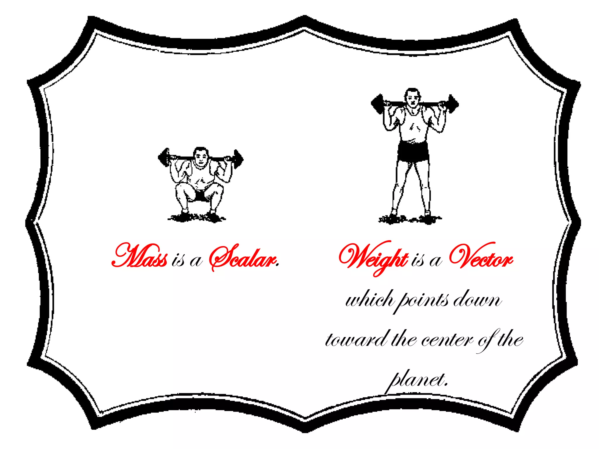 Mass   is a  Scalar . Weight   is a  Vector  which points down toward the center of the planet.  