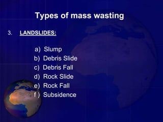 Types of mass wasting
3. LANDSLIDES:
a) Slump
b) Debris Slide
c) Debris Fall
d) Rock Slide
e) Rock Fall
f ) Subsidence
 