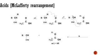 Acids [McLafferty rearrangement]
C
O
H2C OH
R CH
H
CH2
-e-
C
O
H2C OH
R CH
H
CH2
rH
C
O
H2C OH
R CH
CH2
H
C
O
H2C OH
R CH
CH2
H
+
m/z = 60

 