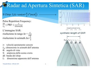 Pasquale Massa - SAR per UAV 5
Radar ad Apertura Sintetica (SAR)
Il Chirp: f1(t) =cos(ωt+
𝛼
2
𝑡2
)rect(
𝑡
𝜏
)
Pulse Repetition Frequency:
2𝑣
𝐿 𝑥
≤ PRF ≤
𝑐
2𝑆𝑠𝑒𝑛(𝜃)
L’immagine SAR:
risoluzione in range Δr =
c
2Δf
risoluzione in azimuth Δx=
𝐿
2
𝑣: velocità spostamento sensore
𝐿 𝑥: dimensione in azimuth dell’antenna
Θ: angolo di vista
S: ampiezza della scena a terra
Δf: banda del chirp
L: dimensione apparente dell’antenna
 