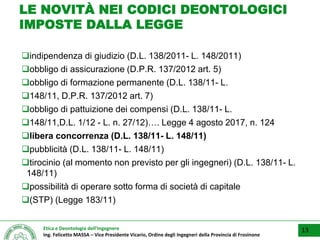 Etica e Deontologia dell’Ingegnere
Ing. Felicetto MASSA – Vice Presidente Vicario, Ordine degli Ingegneri della Provincia di Frosinone
LE NOVITÀ NEI CODICI DEONTOLOGICI
IMPOSTE DALLA LEGGE
indipendenza di giudizio (D.L. 138/2011- L. 148/2011)
obbligo di assicurazione (D.P.R. 137/2012 art. 5)
obbligo di formazione permanente (D.L. 138/11- L.
148/11, D.P.R. 137/2012 art. 7)
obbligo di pattuizione dei compensi (D.L. 138/11- L.
148/11,D.L. 1/12 - L. n. 27/12)…. Legge 4 agosto 2017, n. 124
libera concorrenza (D.L. 138/11- L. 148/11)
pubblicità (D.L. 138/11- L. 148/11)
tirocinio (al momento non previsto per gli ingegneri) (D.L. 138/11- L.
148/11)
possibilità di operare sotto forma di società di capitale
(STP) (Legge 183/11)
13
 
