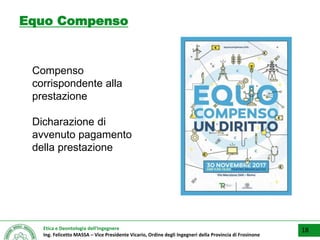 Etica e Deontologia dell’Ingegnere
Ing. Felicetto MASSA – Vice Presidente Vicario, Ordine degli Ingegneri della Provincia di Frosinone
Equo Compenso
18
Compenso
corrispondente alla
prestazione
Dicharazione di
avvenuto pagamento
della prestazione
 