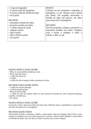 - 1 copo de requeijão
- 2 xícaras (chá) de margarina
- 6 xícaras (chá) de farinha de trigo
- sal à gosto
RECHEIO
- mussarela cortada em cubos
- presunto cortado em cubos
- 1 colher (sopa) de azeite
- orégano à gosto
- salsa à gosto
- alho e cebola à gosto
- sal à gosto
MASSA
Coloque em um recipiente o requeijão, a
margarina e o sal. Amasse com a ponta
dos dedos. Em seguida, acrescente a
farinha de trigo aos poucos, até obter
uma massa lisa e homogênea.
RECHEIO
Em um recipiente, coloque o presunto e a
mussarela cortados em cubos. Tempere
com o azeite, o orégano, a salsa, a
cebola, o alho e o sal.
MASSA BÁSICA PARA QUIBE
- 500 g. de carne patinho moída duas vezes
- 500 g. trigo fino (seco)
- 1 colher de chá de sal
- 1 cebola
- 1 colher de chá de tempero árabe ou pimenta do reino
RECHEIO PARA QUIBE FRITO
- 1 colher de sopa de manteiga
- 1 cebola pequena picada
- 200 g. de carne moída
- 1 colher de sopa de tempero árabe ou uma mistura de pimenta do reino, pimenta jamaicana,
cominho e hortelã seca.
- Sal a gosto
MASSA BÁSICA PARA QUIBE
Lavar bem o trigo e deixar de molho uma hora antes. Misturar todos os ingredientes e amassar bem
até obter uma massa lisa e homogênea.
RECHEIO QUIBE FRITO
Numa panela coloque a manteiga, a cebola, a carne moída e faça um refogado. Deixe fritar a carne,
coloque os temperos um a um e deixe apurar por 5 minutos. Deixar esfriar. Modelar a massa básica
em formato de quibe, fazer um furo no centro e rechear com a carne refogada.
 