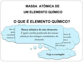 MASSA ATÔMICA DE
                  UM ELEMENTO QUÍMICO


       O QUE É ELEMENTO QUÍMICO?
   Um elemento Massa atômica de um elemento
     químico é É igual a média ponderada das massas
constituído por uma                          Logo, a massa atômica de
                atômicas dos isótopos constituintes do é uma média
mistura de isótopos                          um elemento
                              elemento          levando em conta a
                                             porcentagem em massa de
                                                   cada isótopo



                                          Veja o exemplo
 