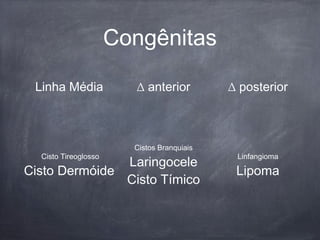 Congênitas
Linha Média ∆ anterior ∆ posterior
Cisto Tireoglosso
Cisto Dermóide
Cistos Branquiais
Laringocele
Cisto Tímico
Linfangioma
Lipoma
 