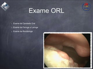 Exame ORL
Exame da Cavidade Oral
Exame da Faringe e Laringe
Exame da Rinofaringe
 