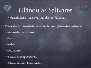 Processo inflamatório recorrente das glândulas salivares.
Aumento de volume
Dor
Febre
Mal estar
Saliva mucopurulenta
Fluxo salivar Diminuido
Glândulas Salivares
Parotidite Recorente da Infância
 