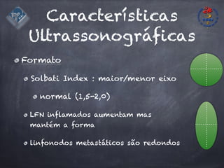 Características
Ultrassonográficas
Formato
Solbati Index : maior/menor eixo
normal (1,5-2,0)
LFN inflamados aumentam mas
mantém a forma
linfonodos metastáticos são redondos
 