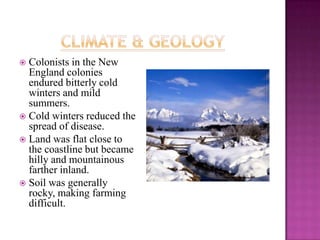 Climate & GeologyColonists in the New England colonies endured bitterly cold winters and mild summers. Cold winters reduced the spread of disease. Land was flat close to the coastline but became hilly and mountainous farther inland. Soil was generally rocky, making farming difficult. 
