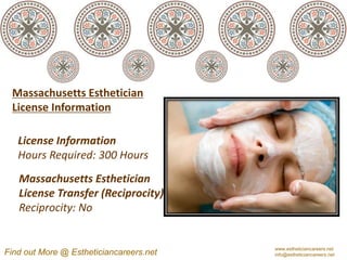 Massachusetts Esthetician
 License Information

   License Information
   Hours Required: 300 Hours
   Massachusetts Esthetician
   License Transfer (Reciprocity)
   Reciprocity: No


                                         www.estheticiancareers.net
Find out More @ Estheticiancareers.net   info@estheticiancareers.net
 