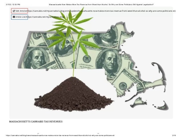 2/7/22, 12:53 PM Massachusetts Now Makes More Tax Revenue from Weed than Alcohol, So Why are Some Politicians Still Against Legalization?
https://cannabis.net/blog/news/massachusetts-now-makes-more-tax-revenue-from-weed-than-alcohol-so-why-are-some-politicians-sti 2/16
MASSACHUSETTS CANNABIS TAX REVENUES
h k
 Edit Article (https://cannabis.net/mycannabis/c-blog-entry/update/massachusetts-now-makes-more-tax-revenue-from-weed-than-alcohol-so-why-are-some-politicians-sti)
 Article List (https://cannabis.net/mycannabis/c-blog)
 
