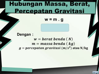 Hubungan Massa, Berat,
Percepatan Gravitasi
 