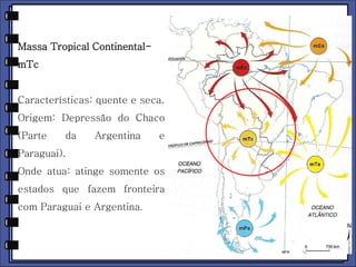 Massa Tropical Continental-mTc 
Características: quente e seca. 
Origem: Depressão do Chaco 
(Parte da Argentina e 
Paraguai). 
Onde atua: atinge somente os 
estados que fazem fronteira 
com Paraguai e Argentina. 
 